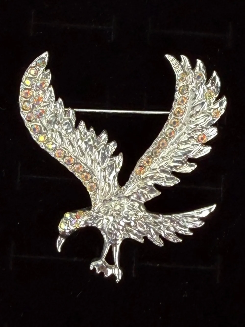 Iridescent Silvertone Eagle Brooch Pin Sparkling Winged Bird Accent